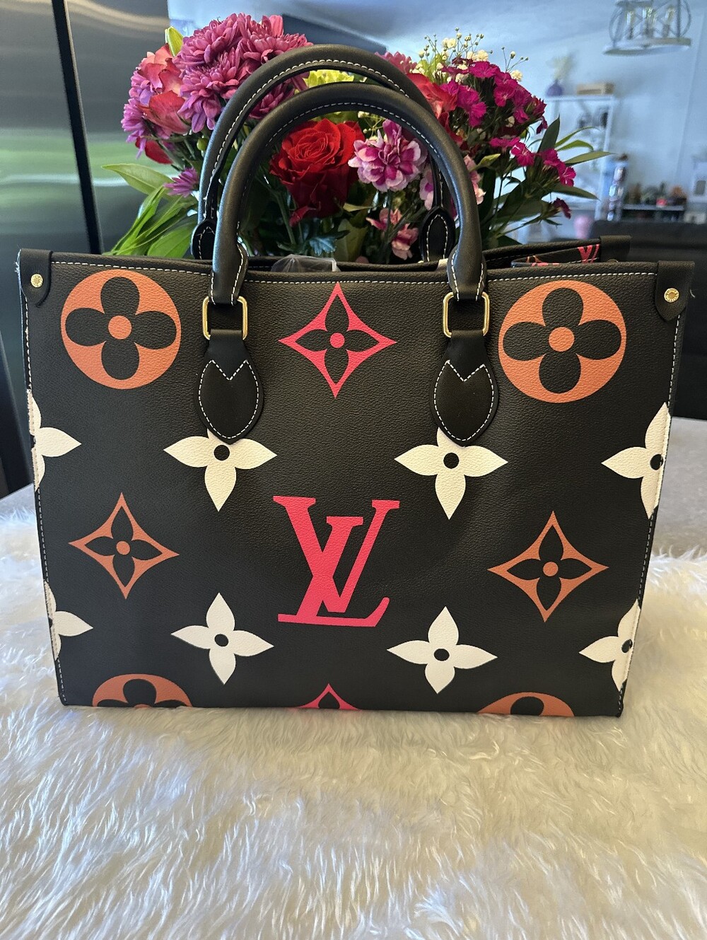 Black Leather Tote Bag With Classic Mono Pattern 13x10x5